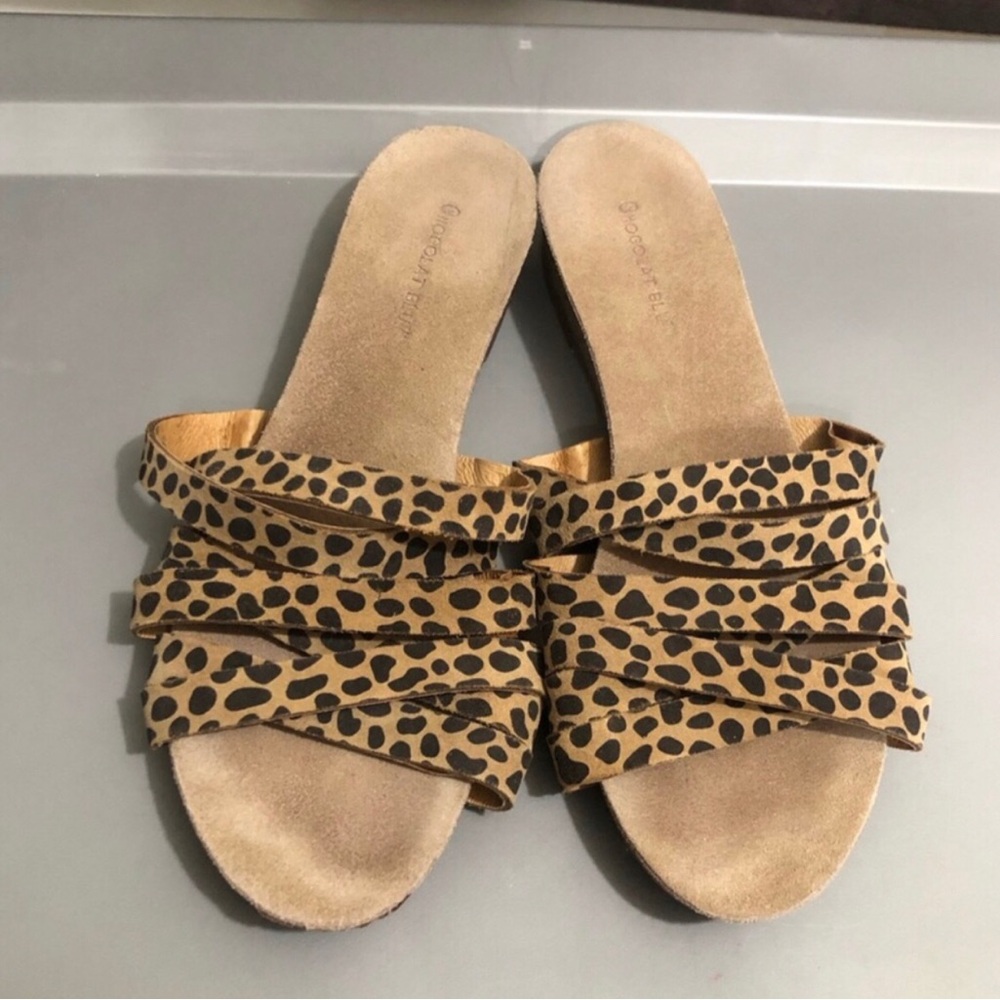 Chocolat Blu Leopard Leather Strap Slide Sandals. Size 8.
